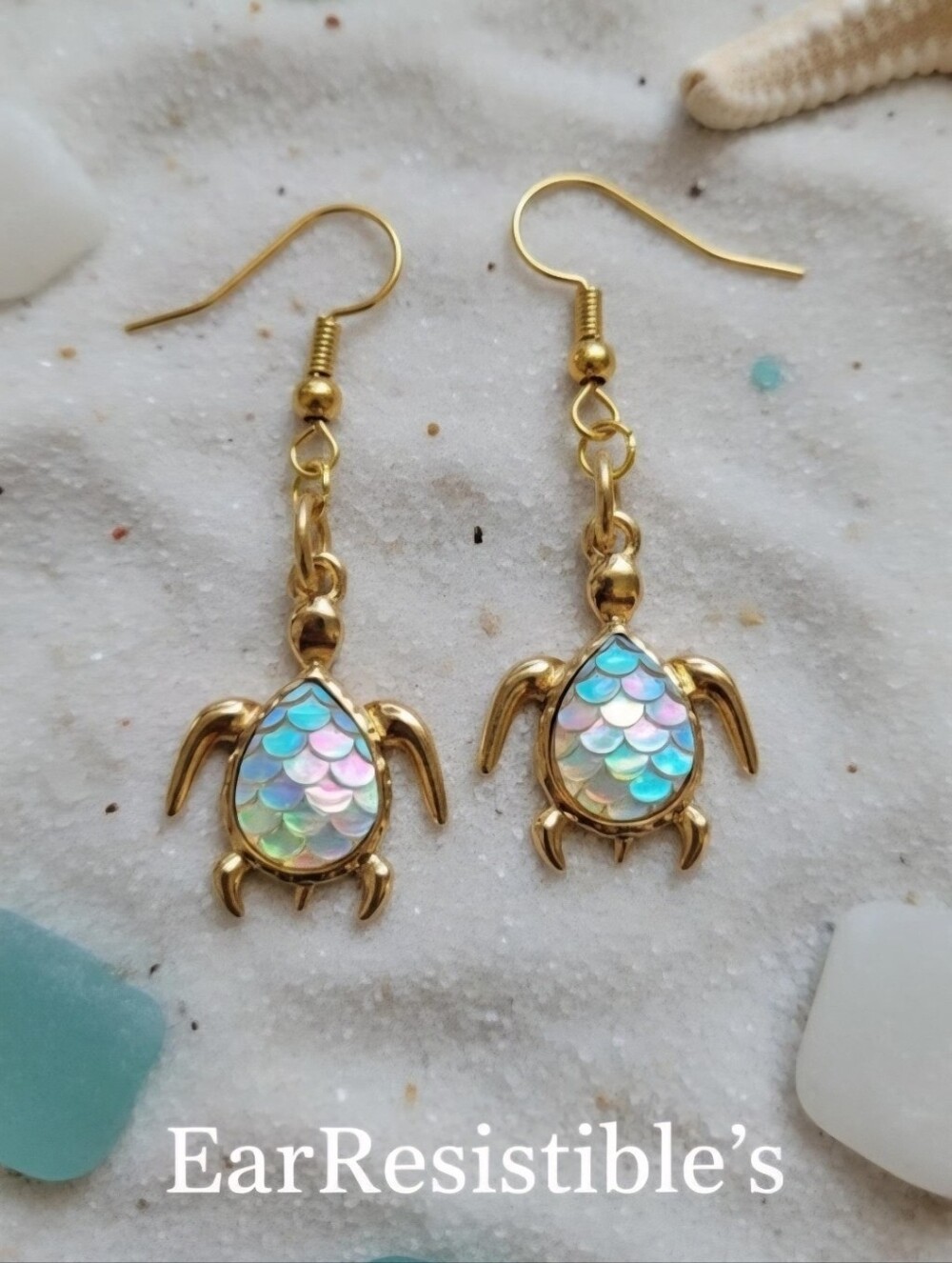 COPY - Iridescent Fin Gold Turtle Drop Earrings